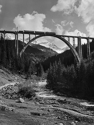 Historic railway bridge as part of the Chur-Arosa route in Switzerland, built in 1012