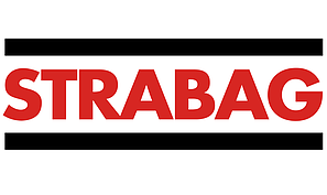 STRABAG corporate logo featuring the company name “STRABAG” in bold red uppercase letters positioned between two horizontal black lines on a white background